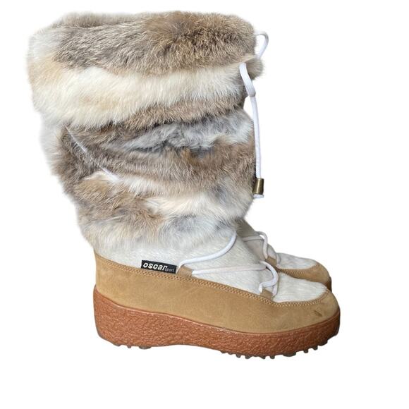 Oscar Sport Apre-Ski Fur Rabbit Goat Winter Boats 37 fits US 6-6.5 Cream Brown - Picture 1 of 12